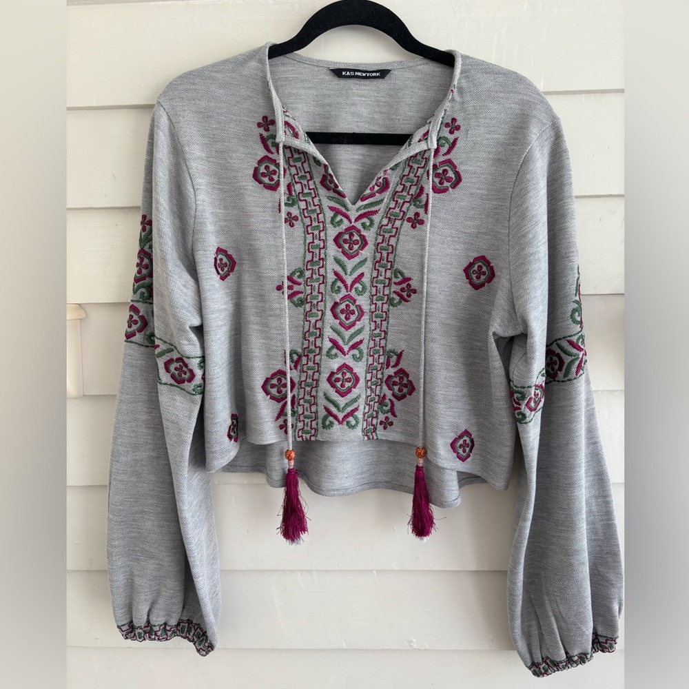 KAS New York Boho Cotton Top With Tassel Tie Size Large